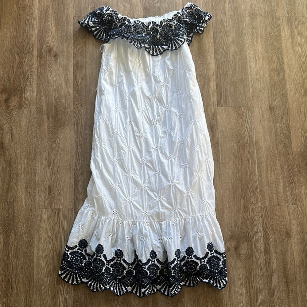 Draper James Off-Shoulder White & Blue Eyelet Flounce Midi Dress Size Medium